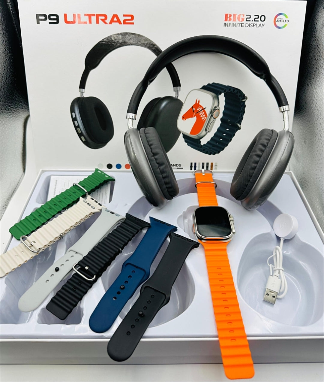 P9 Ultra 2 Smart Watch Combo with Wireless Bluetooth Headphones