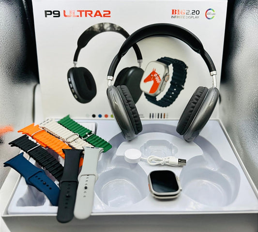P9 Ultra 2 Smart Watch Combo with Wireless Bluetooth Headphones