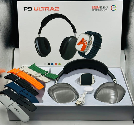 P9 Ultra 2 Smart Watch Combo with Wireless Bluetooth Headphones